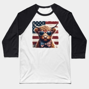 Funny Highland Cow American Flag 4th Of July Baseball T-Shirt